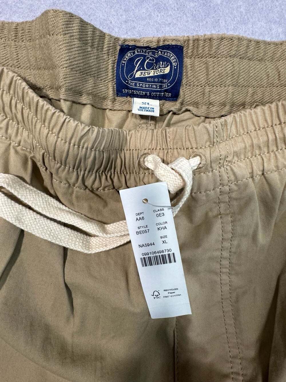 J. Crew Men's Khaki Drawstring Shorts, Size XL